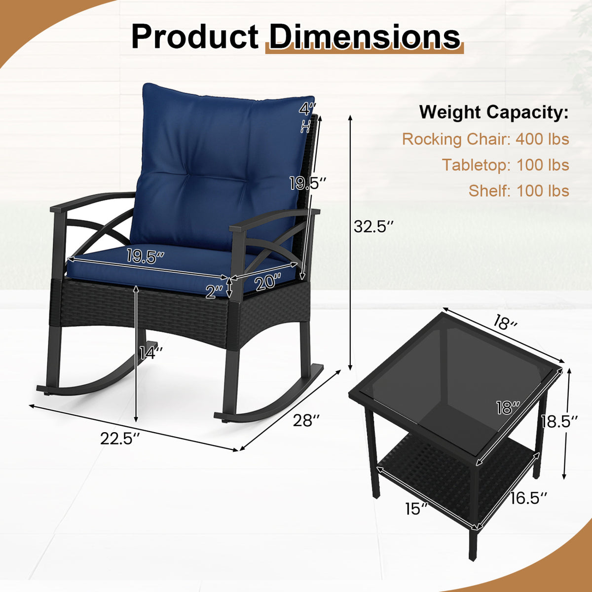 3 Pieces Outdoor Rattan Rocking Chairs Set with  2-Tier Side Table for Garden Backyard
