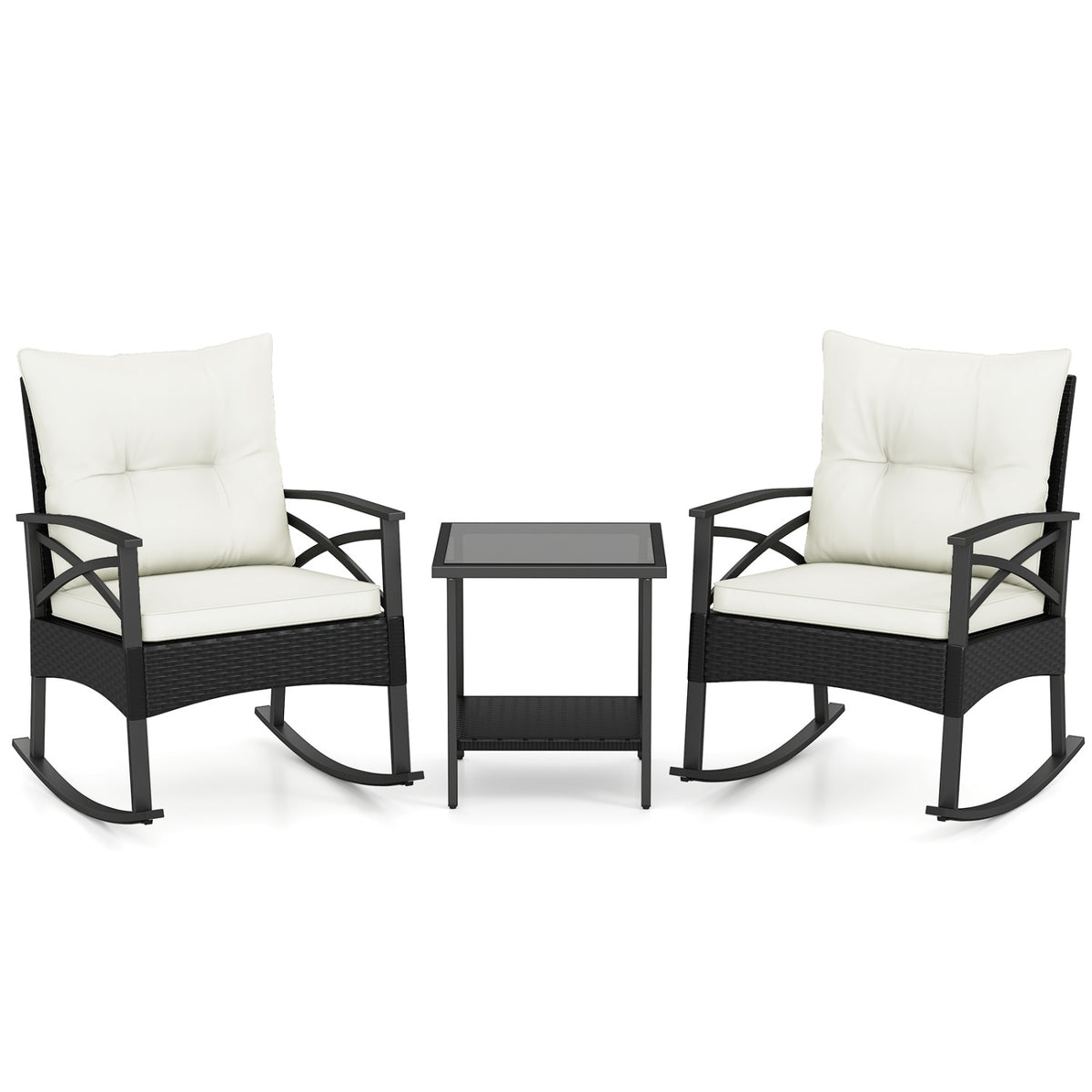 3 Pieces Outdoor Rattan Rocking Chairs Set with  2-Tier Side Table for Garden Backyard