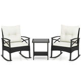3 Pieces Outdoor Rattan Rocking Chairs Set with  2-Tier Side Table for Garden Backyard