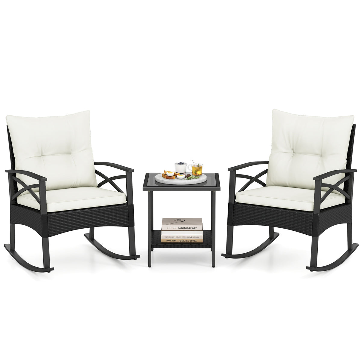 3 Pieces Outdoor Rattan Rocking Chairs Set with  2-Tier Side Table for Garden Backyard