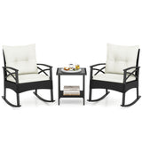 3 Pieces Outdoor Rattan Rocking Chairs Set with  2-Tier Side Table for Garden Backyard
