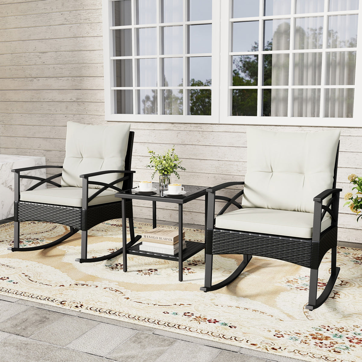 3 Pieces Outdoor Rattan Rocking Chairs Set with  2-Tier Side Table for Garden Backyard