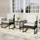 3 Pieces Outdoor Rattan Rocking Chairs Set with  2-Tier Side Table for Garden Backyard