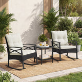 3 Pieces Outdoor Rattan Rocking Chairs Set with  2-Tier Side Table for Garden Backyard