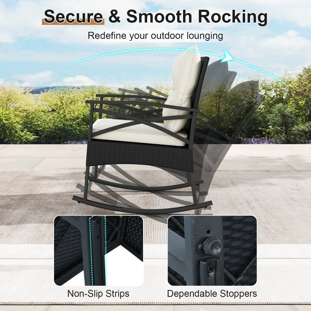 3 Pieces Outdoor Rattan Rocking Chairs Set with  2-Tier Side Table for Garden Backyard