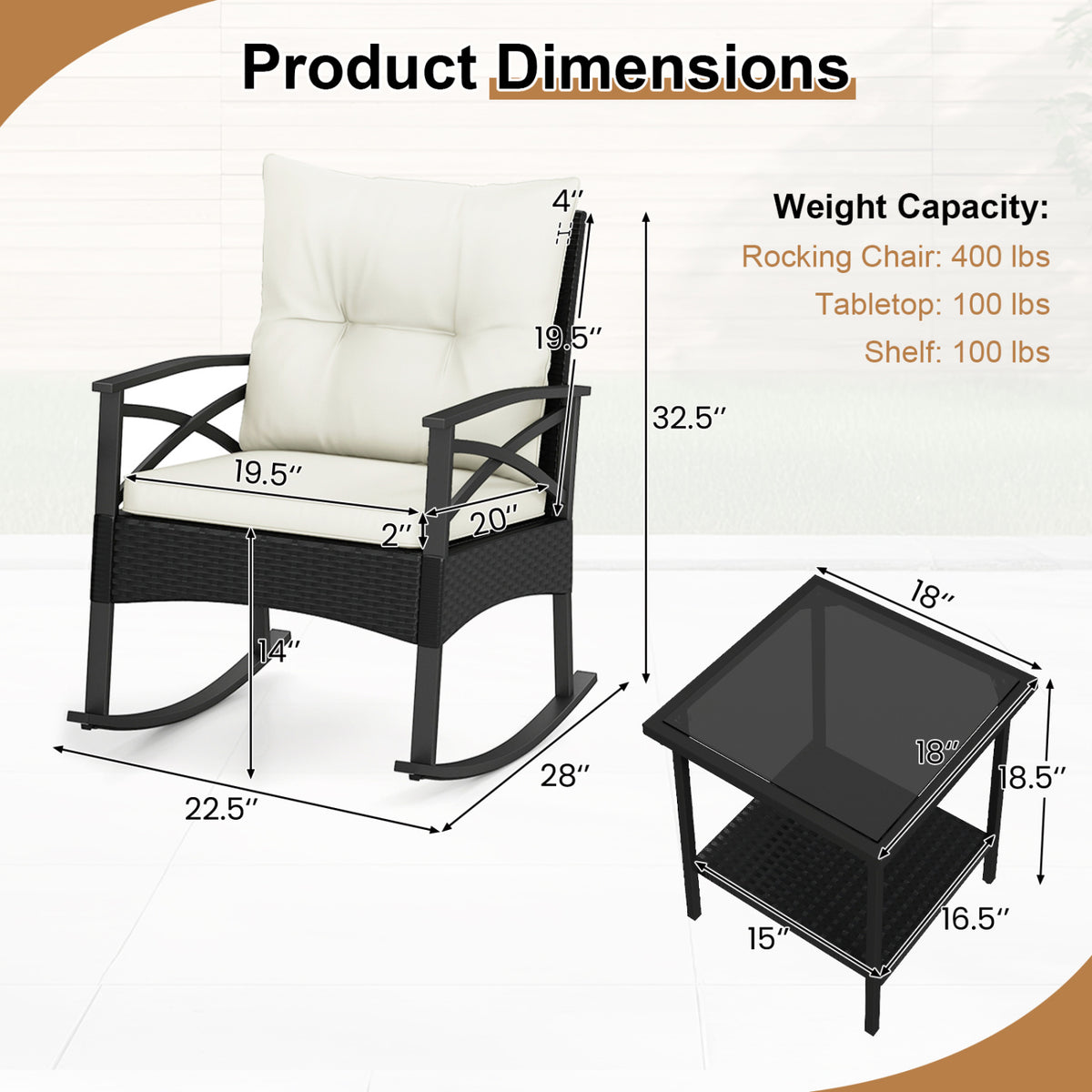 3 Pieces Outdoor Rattan Rocking Chairs Set with  2-Tier Side Table for Garden Backyard