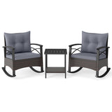 3 Pieces Outdoor Rattan Rocking Chairs Set with  2-Tier Side Table for Garden Backyard