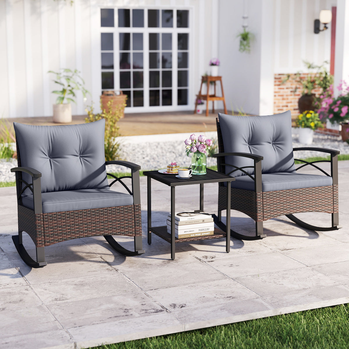 3 Pieces Outdoor Rattan Rocking Chairs Set with  2-Tier Side Table for Garden Backyard
