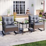 3 Pieces Outdoor Rattan Rocking Chairs Set with  2-Tier Side Table for Garden Backyard