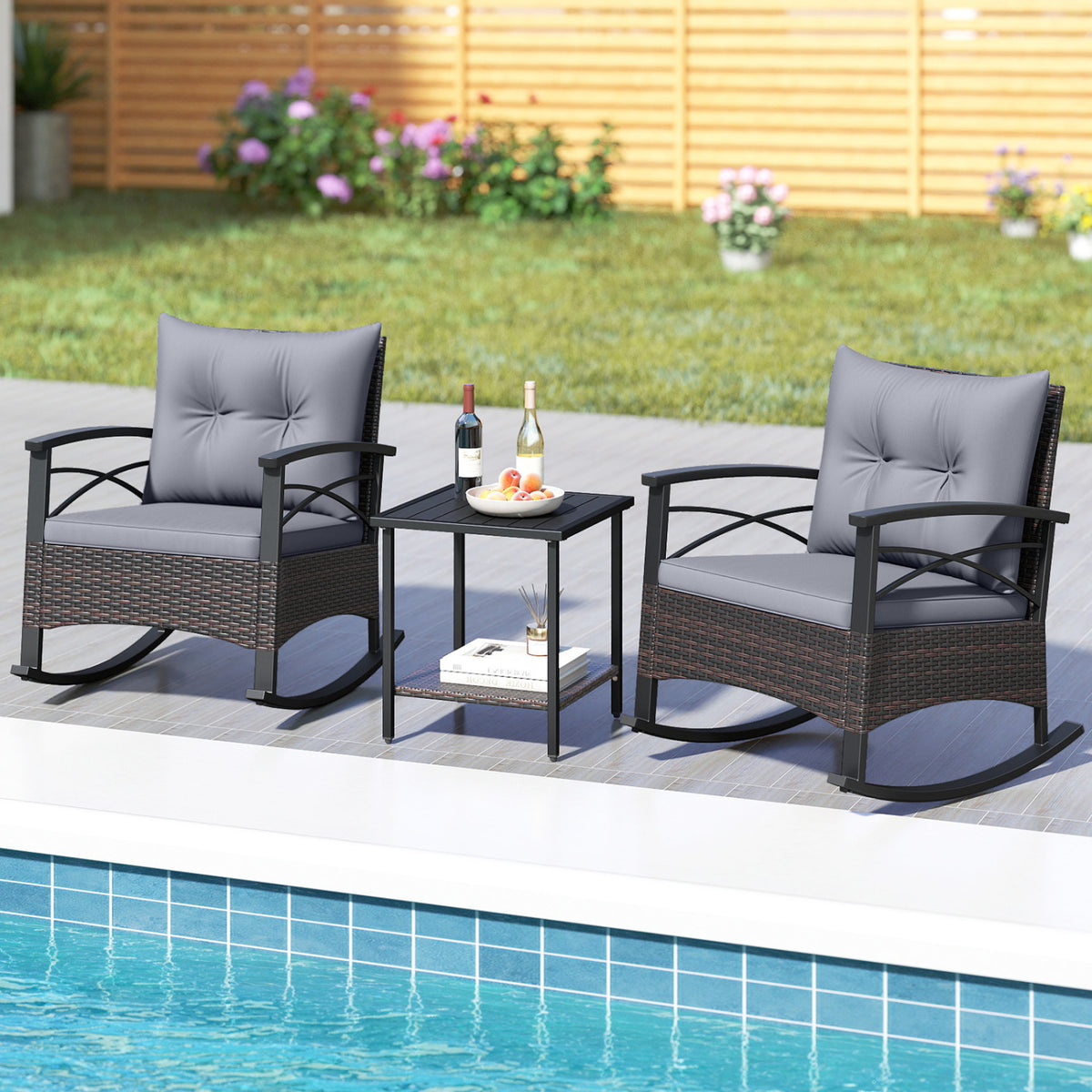 3 Pieces Outdoor Rattan Rocking Chairs Set with  2-Tier Side Table for Garden Backyard