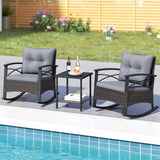 3 Pieces Outdoor Rattan Rocking Chairs Set with  2-Tier Side Table for Garden Backyard