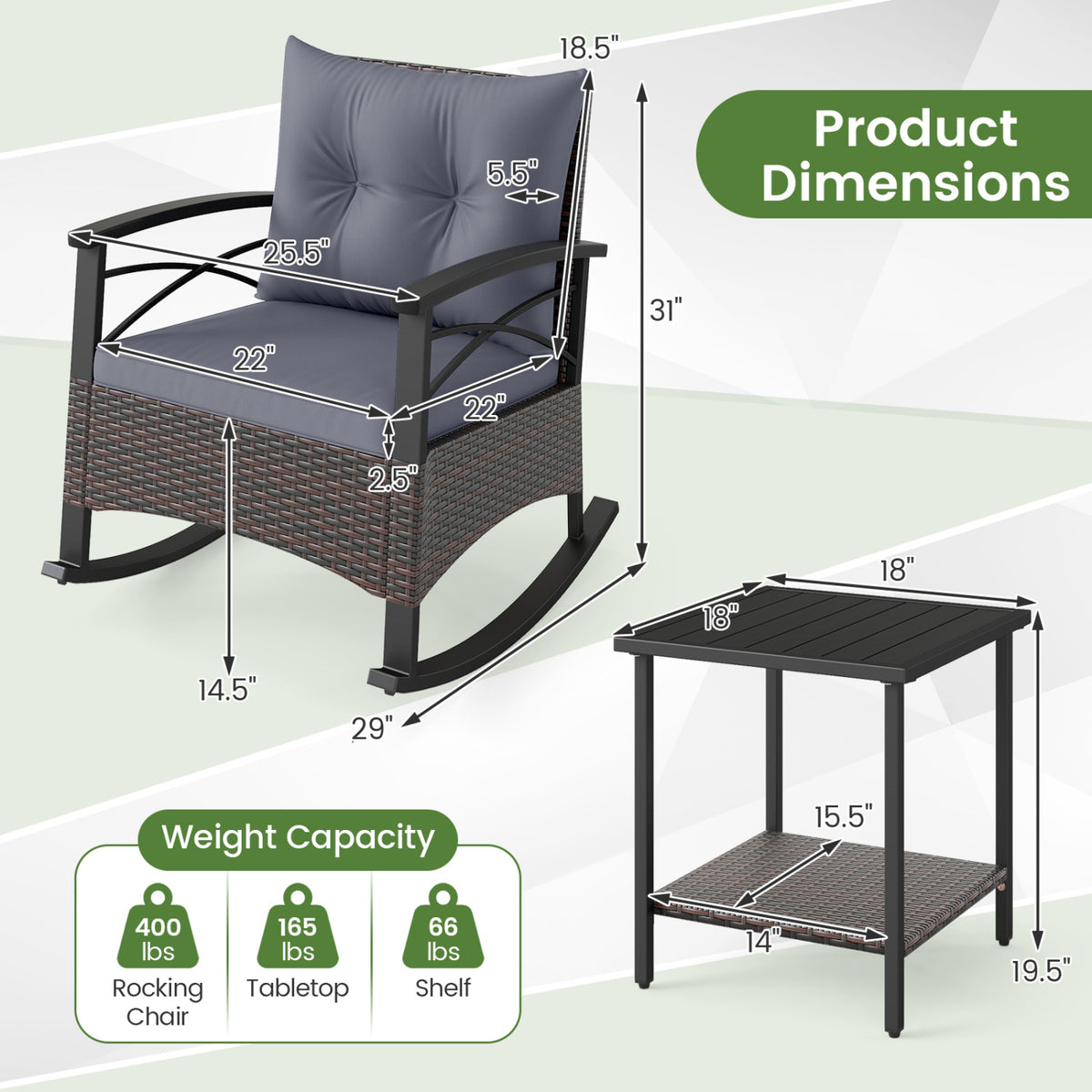 3 Pieces Outdoor Rattan Rocking Chairs Set with  2-Tier Side Table for Garden Backyard