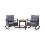 3 Pieces Outdoor Rattan Rocking Chairs Set with  2-Tier Side Table for Garden Backyard