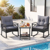 3 Pieces Outdoor Rattan Rocking Chairs Set with  2-Tier Side Table for Garden Backyard
