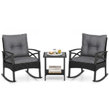3 Pieces Outdoor Rattan Rocking Chairs Set with  2-Tier Side Table for Garden Backyard