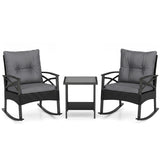 3 Pieces Outdoor Rattan Rocking Chairs Set with  2-Tier Side Table for Garden Backyard