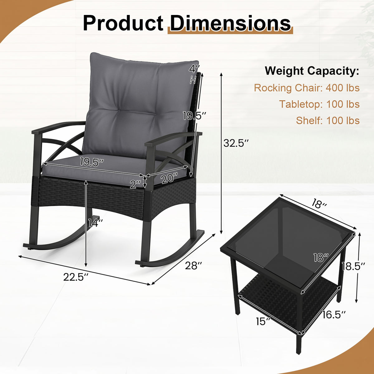 3 Pieces Outdoor Rattan Rocking Chairs Set with  2-Tier Side Table for Garden Backyard