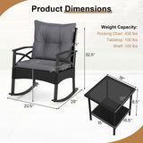 3 Pieces Outdoor Rattan Rocking Chairs Set with  2-Tier Side Table for Garden Backyard