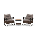 3 Pieces Outdoor Rattan Rocking Chairs Set with  2-Tier Side Table for Garden Backyard-Brown