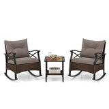 3 Pieces Outdoor Rattan Rocking Chairs Set with  2-Tier Side Table for Garden Backyard-Brown
