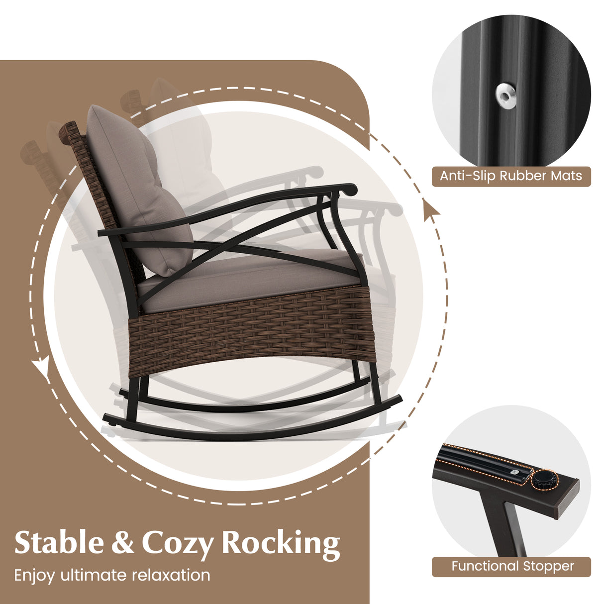 3 Pieces Outdoor Rattan Rocking Chairs Set with  2-Tier Side Table for Garden Backyard-Brown