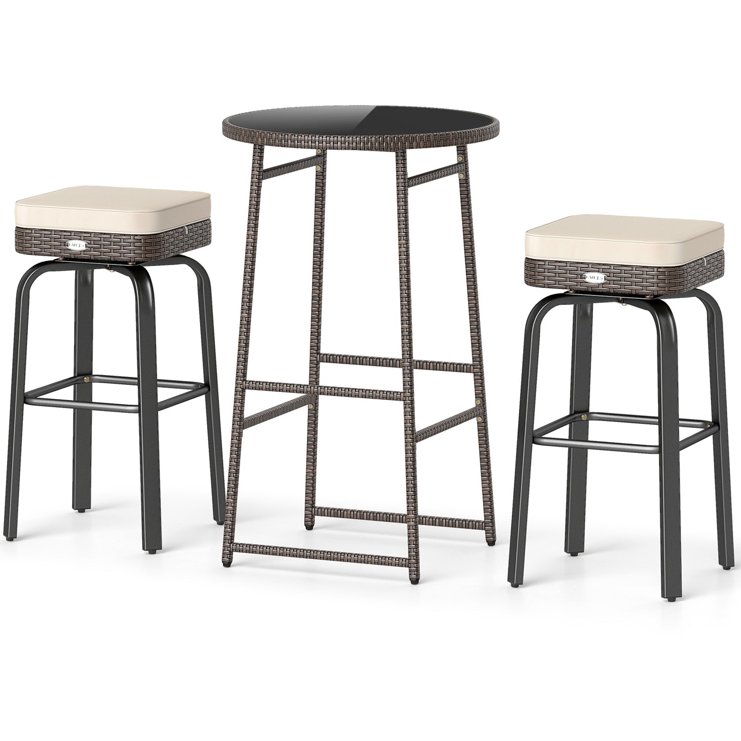 3 Pieces Outdoor Swivel Bar Set PE Rattan Bar Height Table with 2 Chairs-White