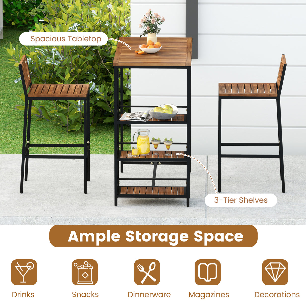 3 Pieces Outdoor Wood Bar Set with 3-Tier Storage Shelf and Metal Frame