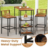 3 Pieces Outdoor Wood Bar Set with 3-Tier Storage Shelf and Metal Frame