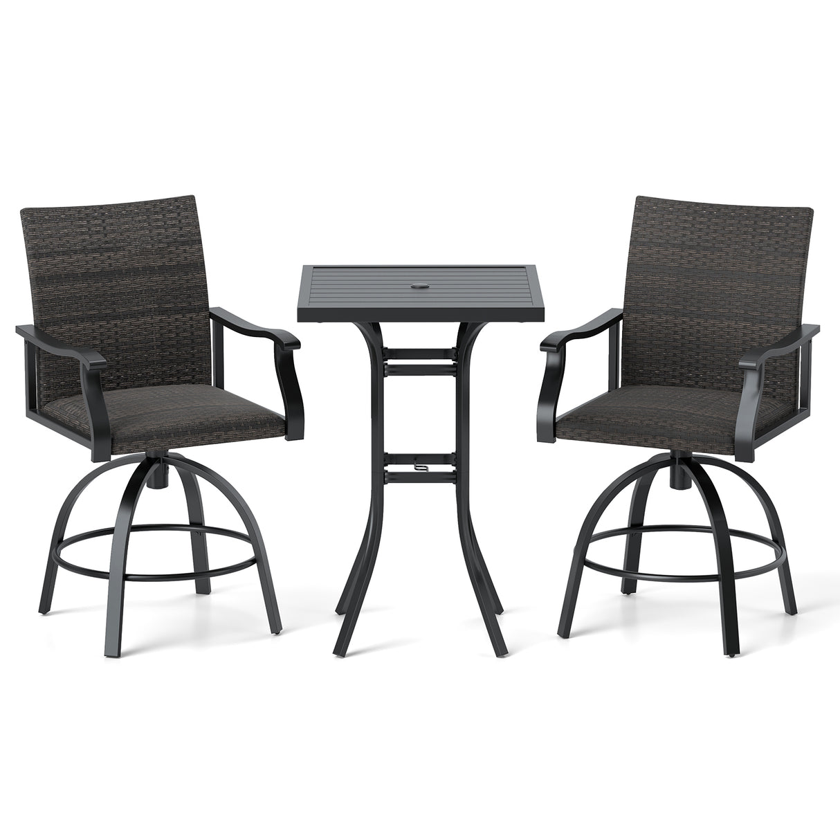 3 Pieces PE Wicker Patio Swivel Bar Set with Quick-Drying Foam-Black