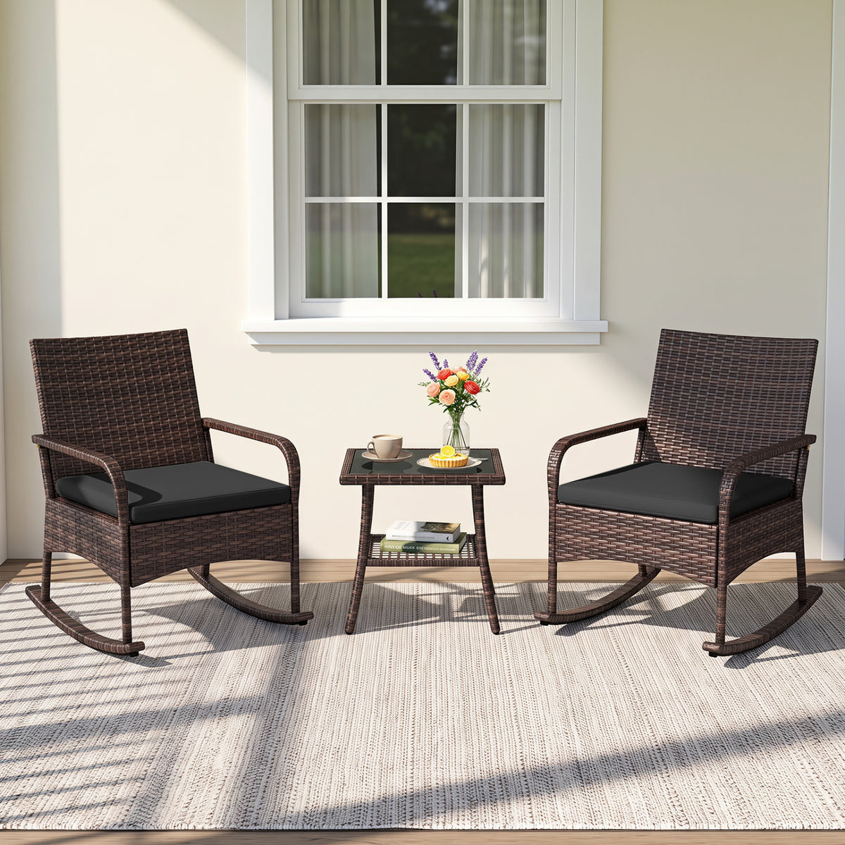 3 Pieces PE Wicker Rocking Bistro Set with 2-Tier Side Table Cushions and Ergonomic Armchairs for Porch