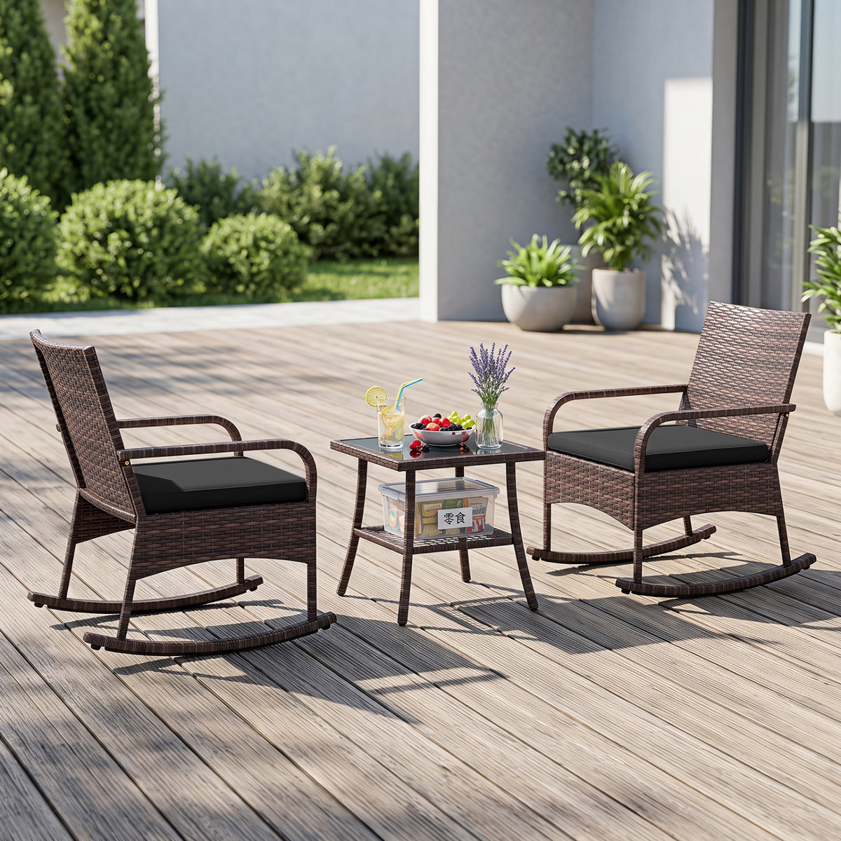 3 Pieces PE Wicker Rocking Bistro Set with 2-Tier Side Table Cushions and Ergonomic Armchairs for Porch