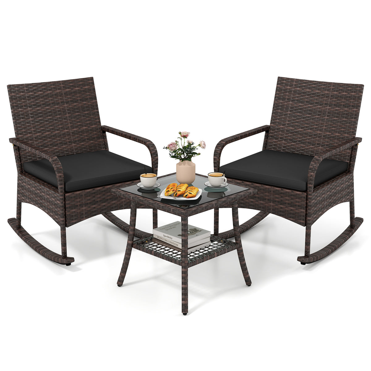 3 Pieces PE Wicker Rocking Bistro Set with 2-Tier Side Table Cushions and Ergonomic Armchairs for Porch