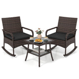 3 Pieces PE Wicker Rocking Bistro Set with 2-Tier Side Table Cushions and Ergonomic Armchairs for Porch
