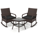 3 Pieces PE Wicker Rocking Bistro Set with 2-Tier Side Table Cushions and Ergonomic Armchairs for Porch