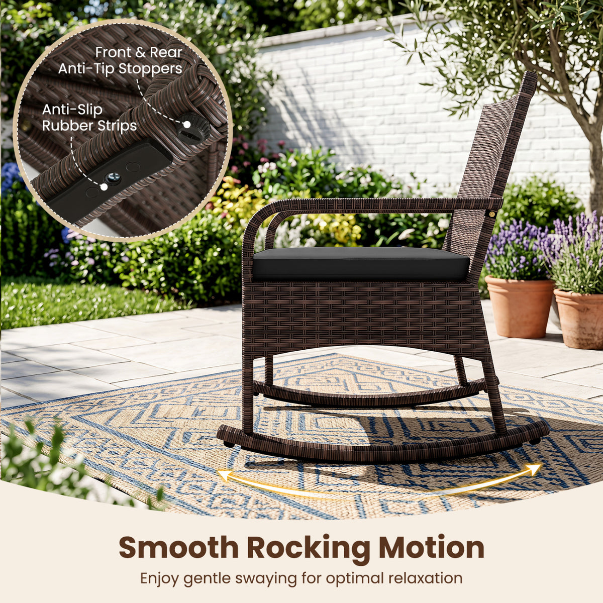 3 Pieces PE Wicker Rocking Bistro Set with 2-Tier Side Table Cushions and Ergonomic Armchairs for Porch