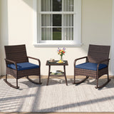 3 Pieces PE Wicker Rocking Bistro Set with 2-Tier Side Table Cushions and Ergonomic Armchairs for Porch