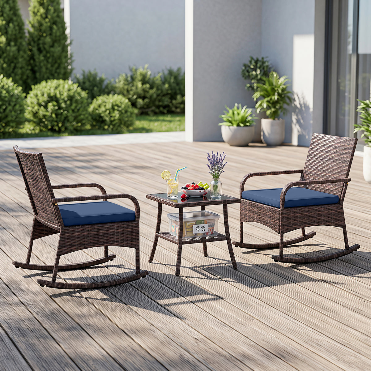 3 Pieces PE Wicker Rocking Bistro Set with 2-Tier Side Table Cushions and Ergonomic Armchairs for Porch