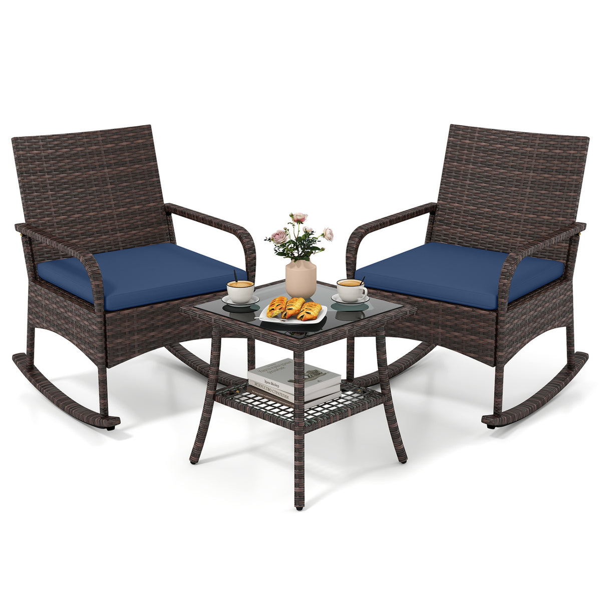 3 Pieces PE Wicker Rocking Bistro Set with 2-Tier Side Table Cushions and Ergonomic Armchairs for Porch