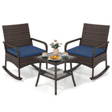 3 Pieces PE Wicker Rocking Bistro Set with 2-Tier Side Table Cushions and Ergonomic Armchairs for Porch