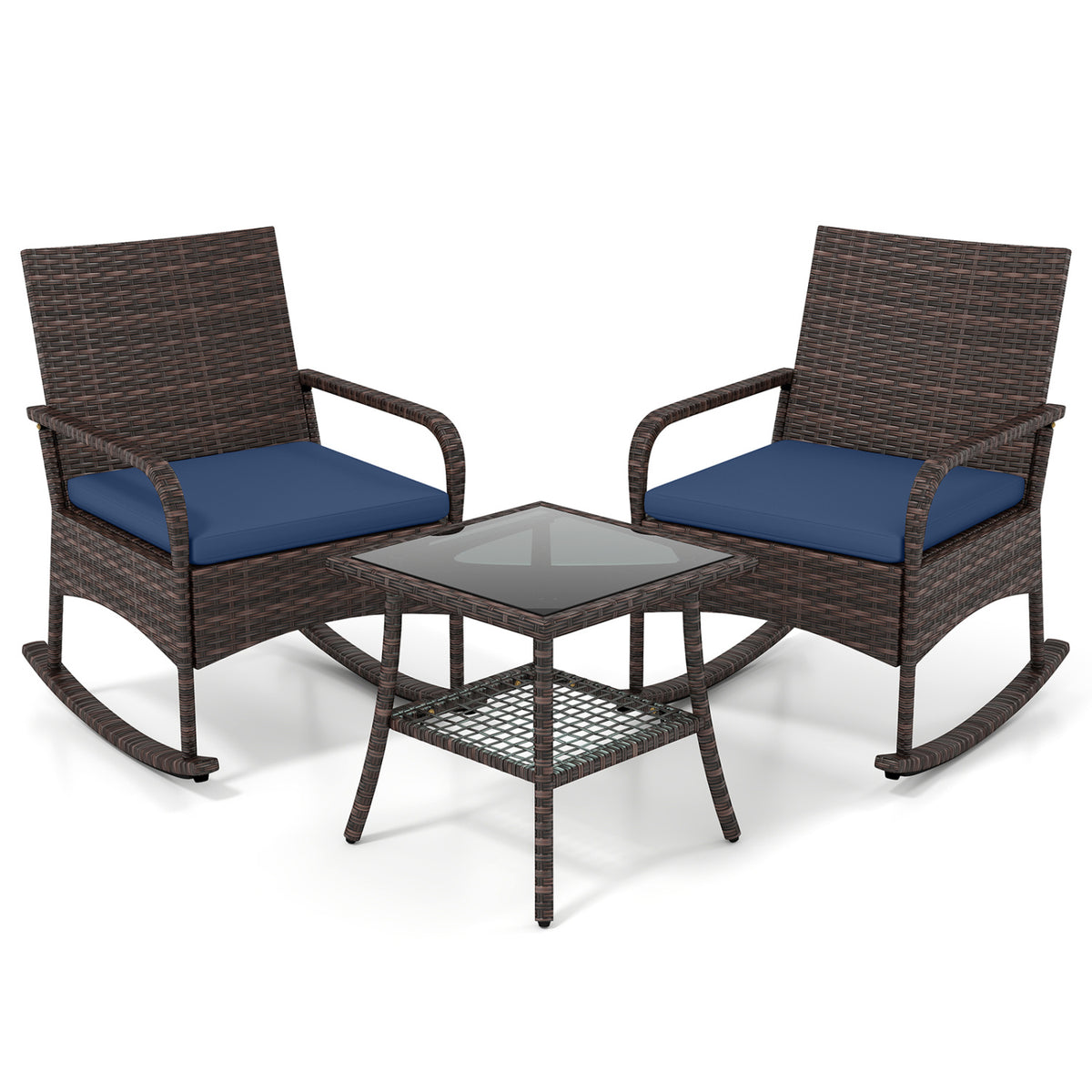 3 Pieces PE Wicker Rocking Bistro Set with 2-Tier Side Table Cushions and Ergonomic Armchairs for Porch