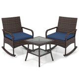 3 Pieces PE Wicker Rocking Bistro Set with 2-Tier Side Table Cushions and Ergonomic Armchairs for Porch