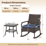 3 Pieces PE Wicker Rocking Bistro Set with 2-Tier Side Table Cushions and Ergonomic Armchairs for Porch