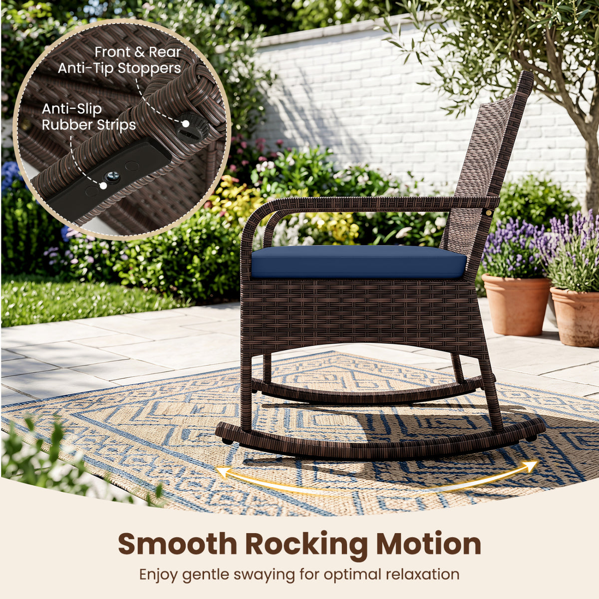 3 Pieces PE Wicker Rocking Bistro Set with 2-Tier Side Table Cushions and Ergonomic Armchairs for Porch