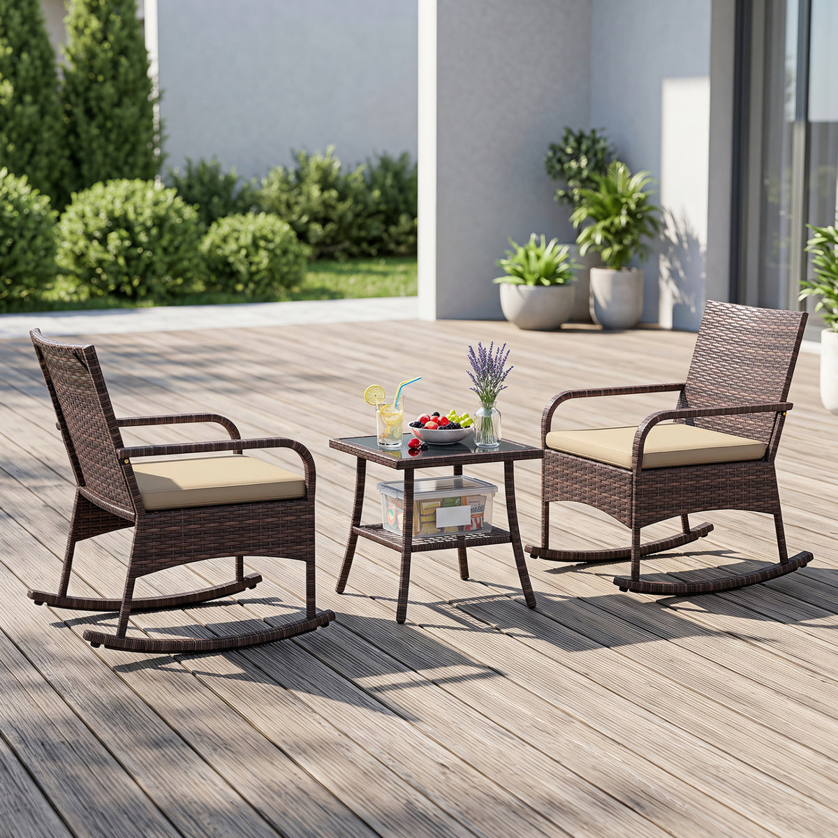 3 Pieces PE Wicker Rocking Bistro Set with 2-Tier Side Table Cushions and Ergonomic Armchairs for Porch