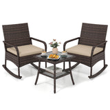 3 Pieces PE Wicker Rocking Bistro Set with 2-Tier Side Table Cushions and Ergonomic Armchairs for Porch