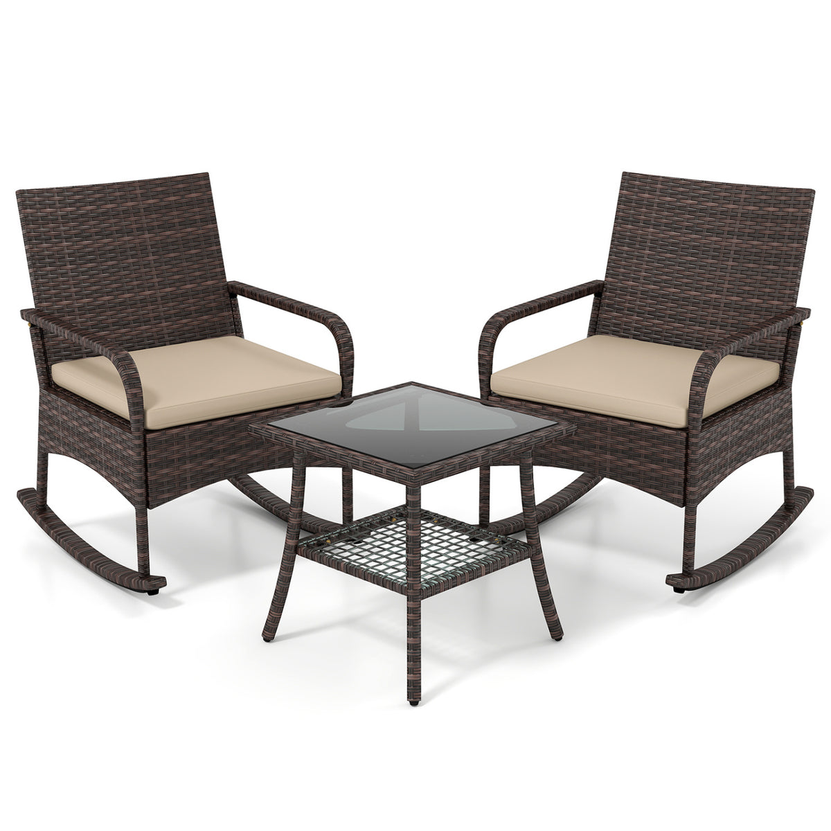 3 Pieces PE Wicker Rocking Bistro Set with 2-Tier Side Table Cushions and Ergonomic Armchairs for Porch