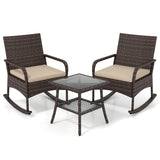 3 Pieces PE Wicker Rocking Bistro Set with 2-Tier Side Table Cushions and Ergonomic Armchairs for Porch