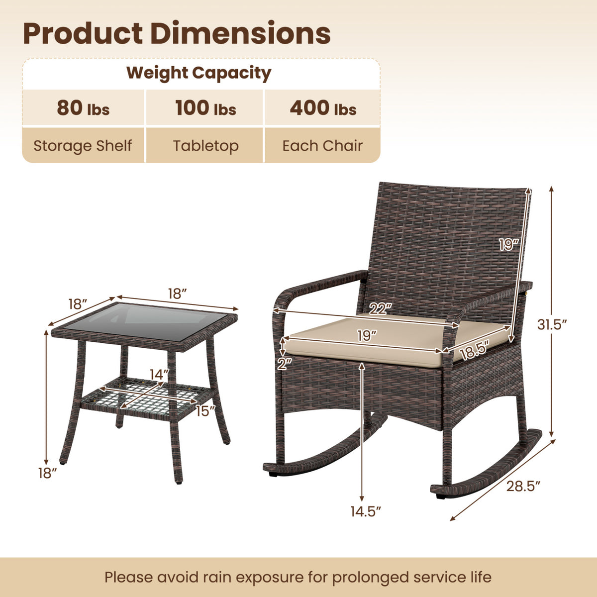 3 Pieces PE Wicker Rocking Bistro Set with 2-Tier Side Table Cushions and Ergonomic Armchairs for Porch