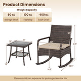 3 Pieces PE Wicker Rocking Bistro Set with 2-Tier Side Table Cushions and Ergonomic Armchairs for Porch
