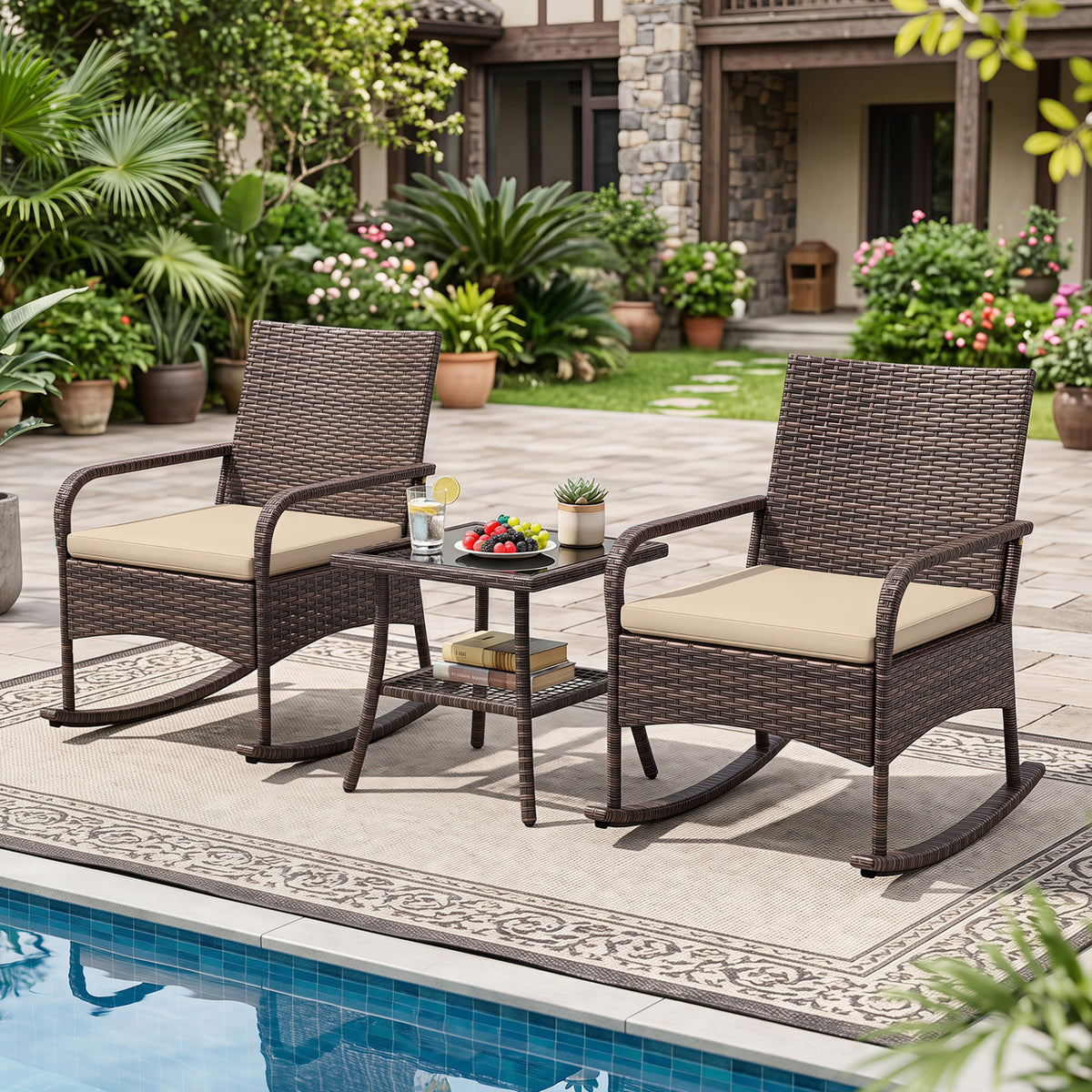 3 Pieces PE Wicker Rocking Bistro Set with 2-Tier Side Table Cushions and Ergonomic Armchairs for Porch